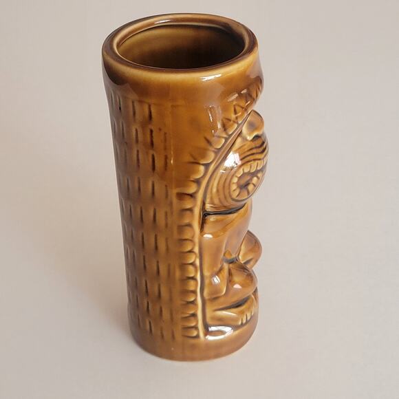 Hawaiian Polynesian Tiki Mug Cup  Vase Brown Barware Glazed  6 1/3" tall - Picture 2 of 8